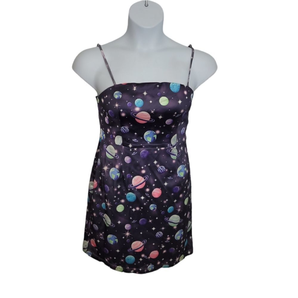 HOROSCOPEZ cosmic lullaby satin‎ dress planet galaxy spaghetti strap L
